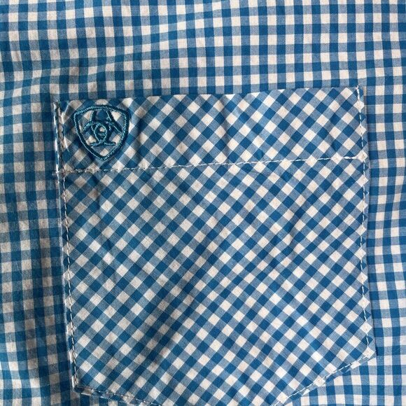 Ariat Women's Size XL Fitted Pink/Blue Plaid LS Western Shirt Embroidered Logos - Picture 4 of 8